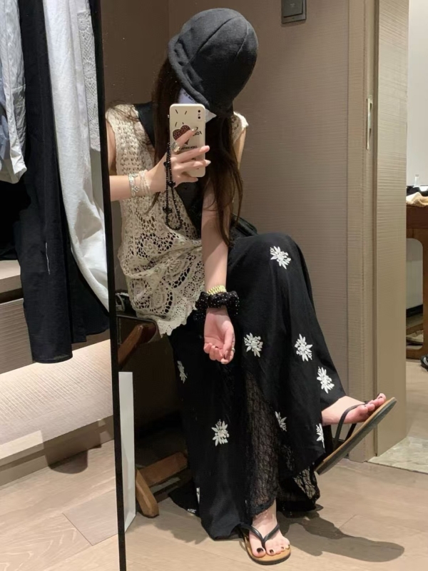 亞麻刺繡蕾絲半身裙