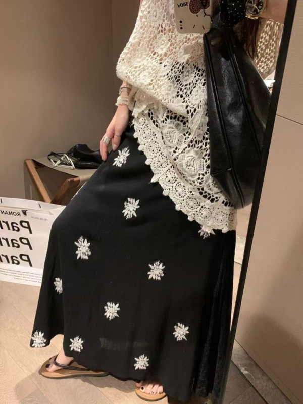 亞麻刺繡蕾絲半身裙
