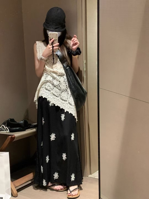 亞麻刺繡蕾絲半身裙