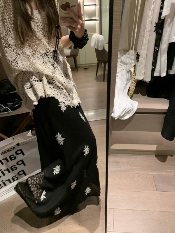 亞麻刺繡蕾絲半身裙