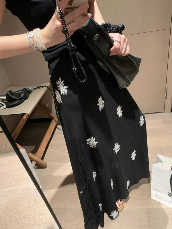 亞麻刺繡蕾絲半身裙