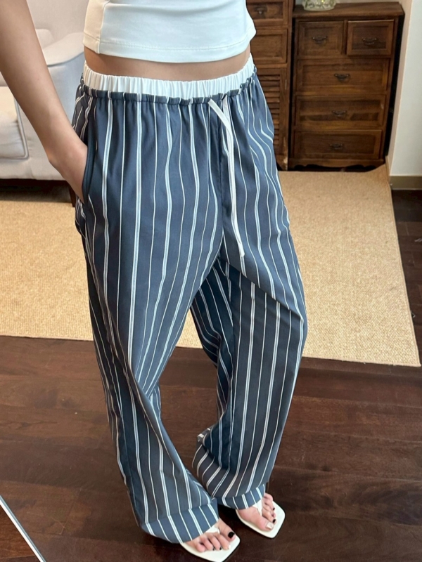 休閒運動條紋寬鬆直筒褲遛彎褲
