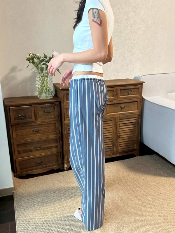 休閒運動條紋寬鬆直筒褲遛彎褲