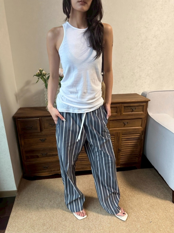 休閒運動條紋寬鬆直筒褲遛彎褲