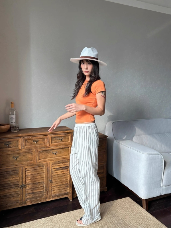 休閒運動條紋寬鬆直筒褲遛彎褲