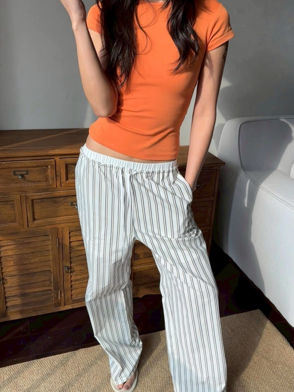 休閒運動條紋寬鬆直筒褲遛彎褲