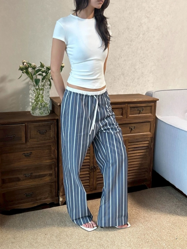 休閒運動條紋寬鬆直筒褲遛彎褲