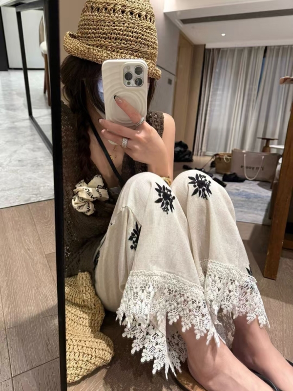 亞麻勾花刺繡九分褲