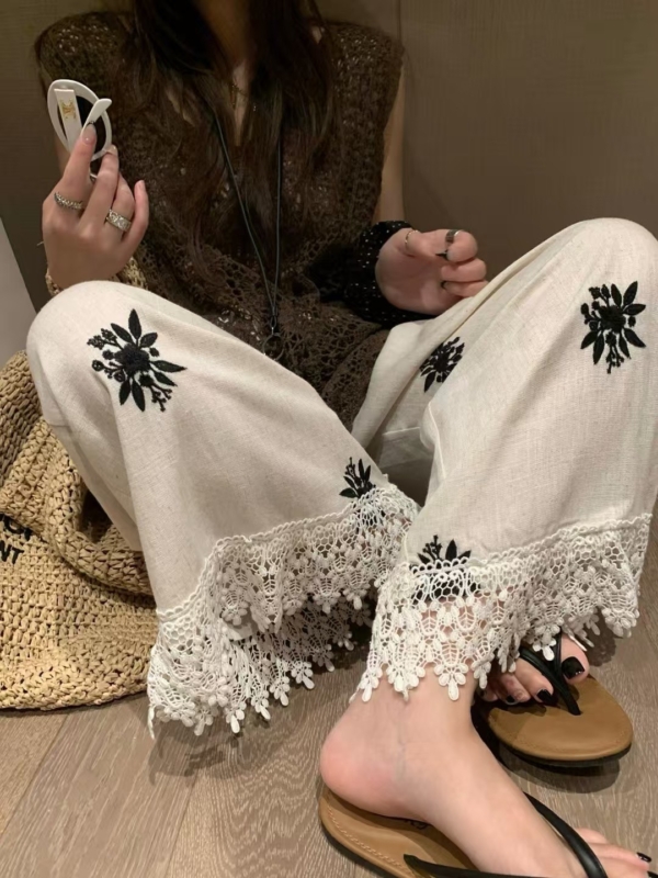 亞麻勾花刺繡九分褲