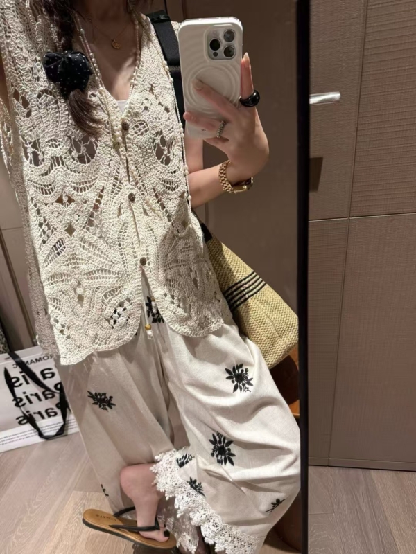 亞麻勾花刺繡九分褲