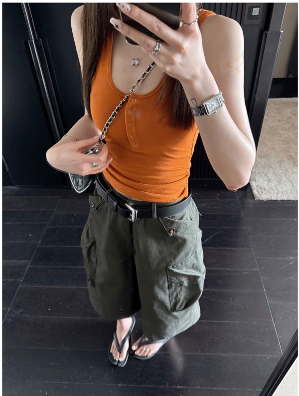 機能重工裝褲寬鬆大口袋七分褲