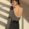露背上衣性感長袖修身條紋T恤