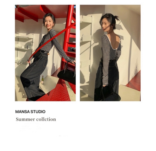 露背上衣性感長袖修身條紋T恤