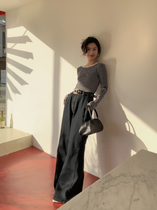 露背上衣性感長袖修身條紋T恤