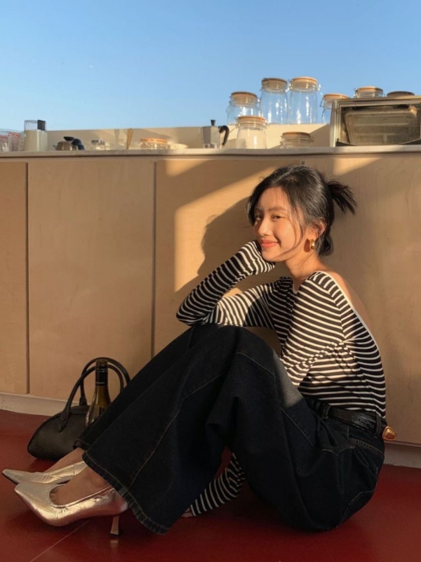 露背上衣性感長袖修身條紋T恤