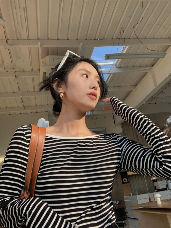 露背上衣性感長袖修身條紋T恤