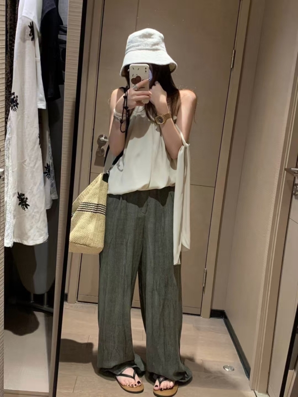 飄帶闊腿棉麻長褲