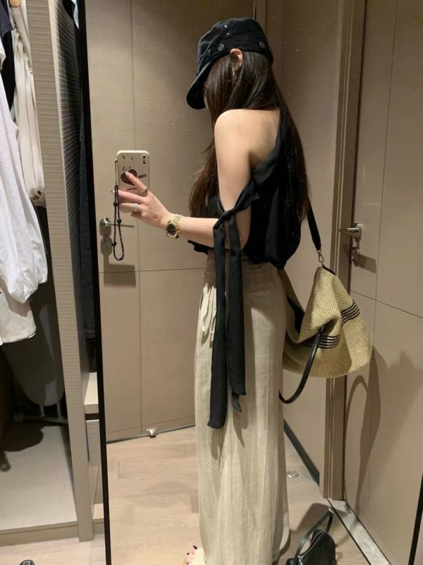 飄帶闊腿棉麻長褲