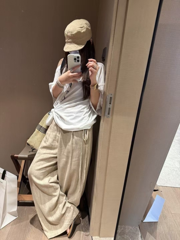 飄帶闊腿棉麻長褲