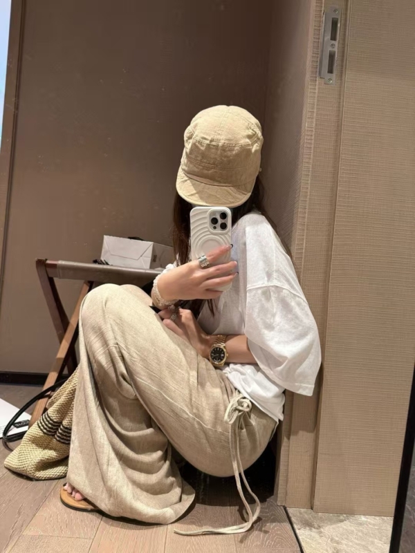 飄帶闊腿棉麻長褲