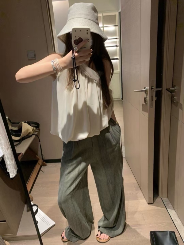 飄帶闊腿棉麻長褲