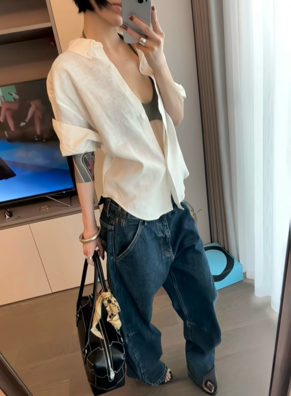 100%亞麻手工捲袖短袖襯衫