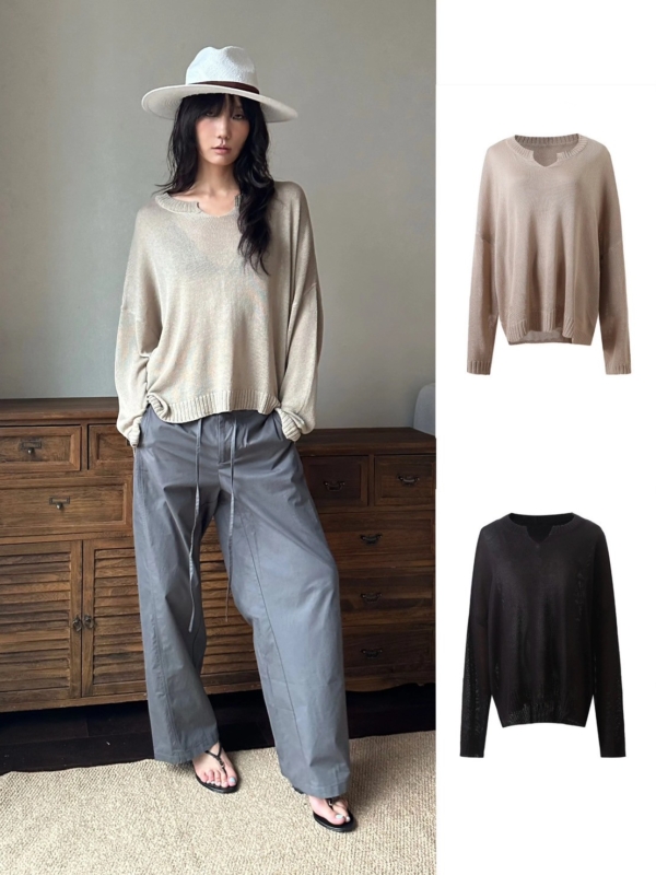 V領亞麻薄款不規則針織衫鏤空慵懶風罩衫