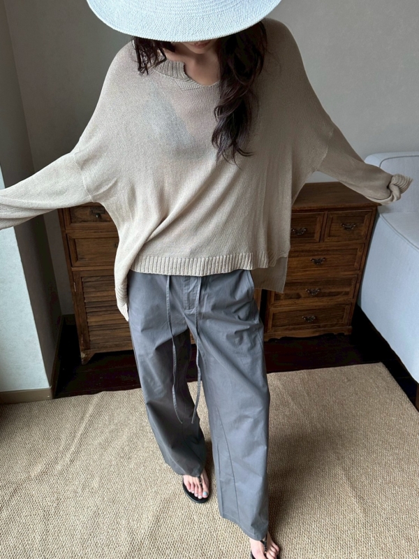 V領亞麻薄款不規則針織衫鏤空慵懶風罩衫