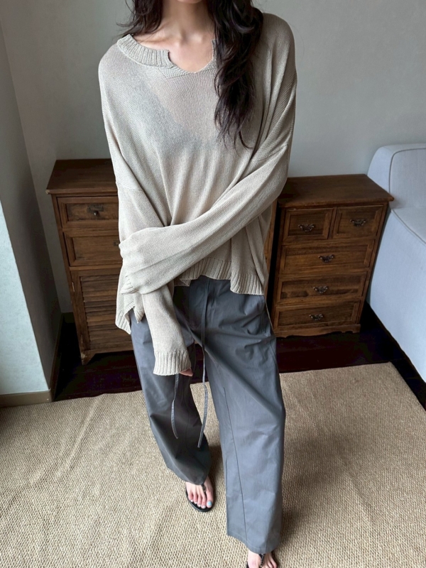 V領亞麻薄款不規則針織衫鏤空慵懶風罩衫