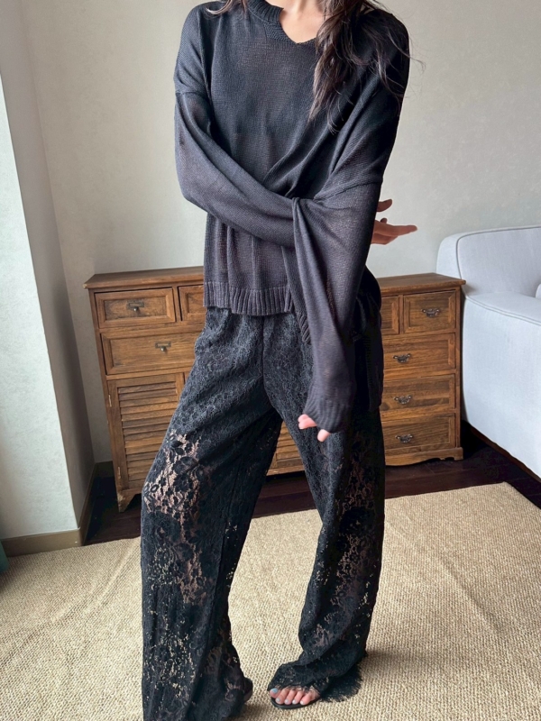 V領亞麻薄款不規則針織衫鏤空慵懶風罩衫