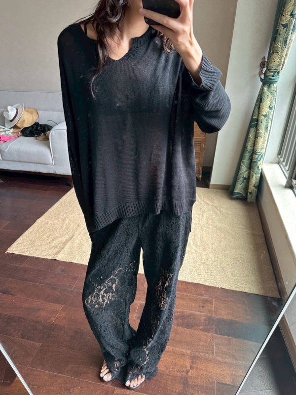 V領亞麻薄款不規則針織衫鏤空慵懶風罩衫