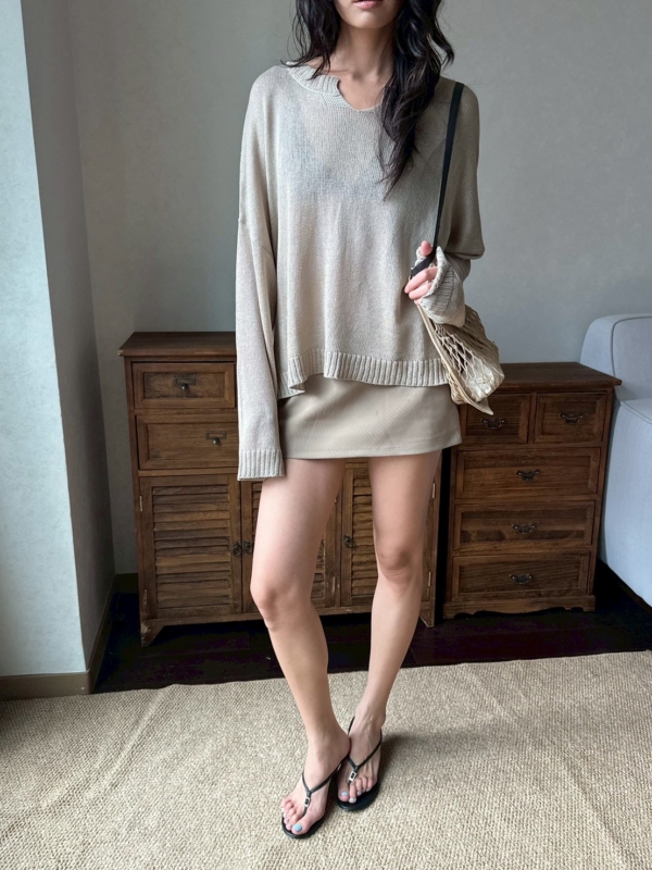 V領亞麻薄款不規則針織衫鏤空慵懶風罩衫