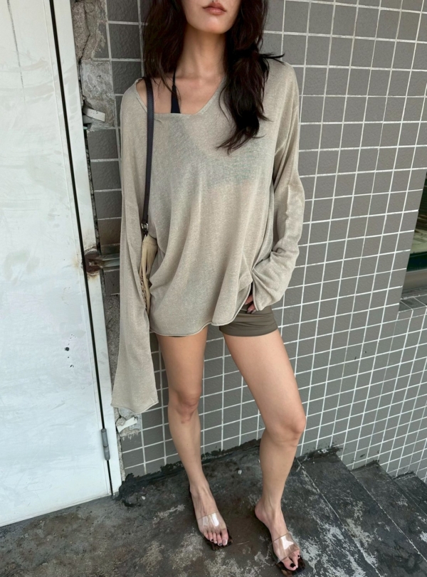 V領亞麻薄款不規則針織衫鏤空慵懶風上衣