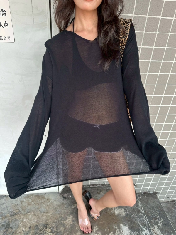 V領亞麻薄款不規則針織衫鏤空慵懶風上衣