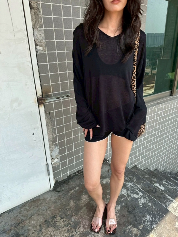 V領亞麻薄款不規則針織衫鏤空慵懶風上衣