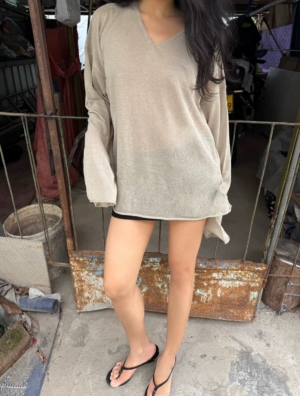 V領亞麻薄款不規則針織衫鏤空慵懶風上衣