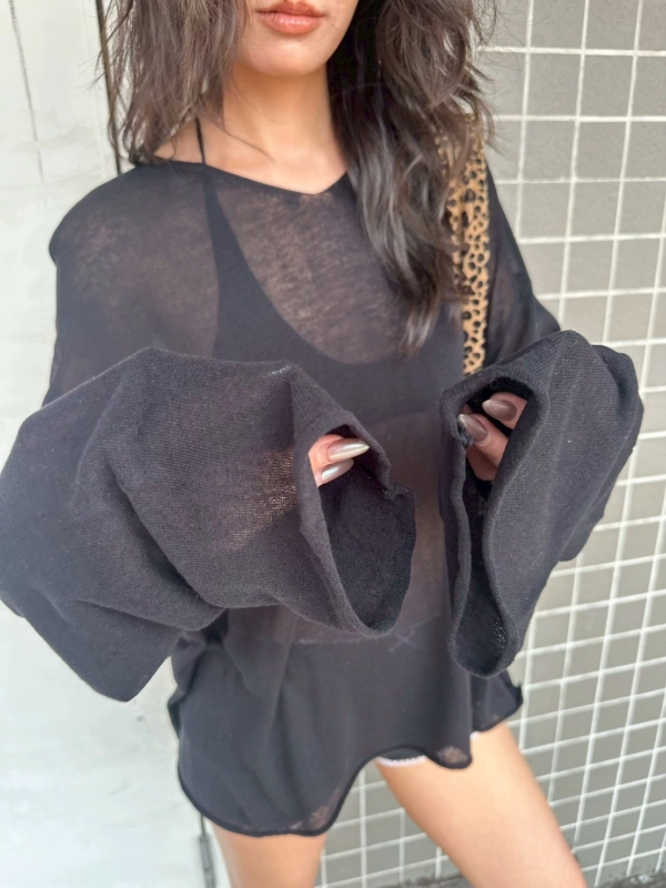 V領亞麻薄款不規則針織衫鏤空慵懶風上衣