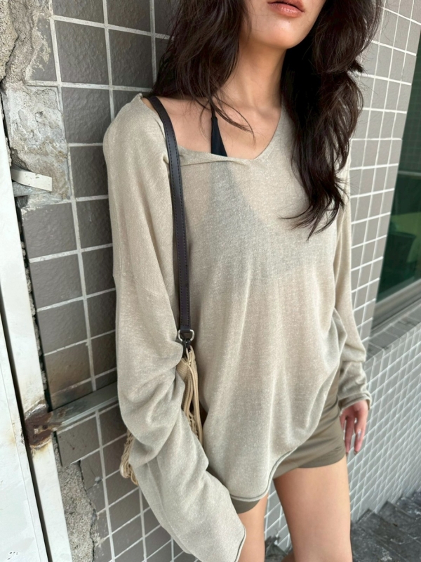 V領亞麻薄款不規則針織衫鏤空慵懶風上衣