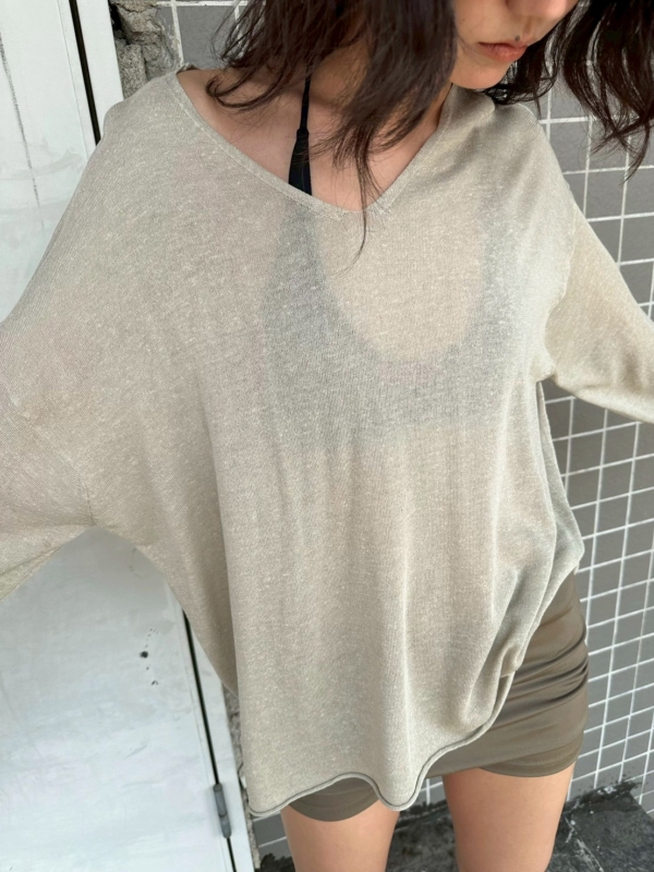 V領亞麻薄款不規則針織衫鏤空慵懶風上衣