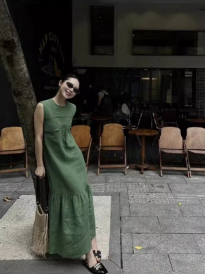 無袖魚尾亞麻洋裝亞麻背心無袖洋裝