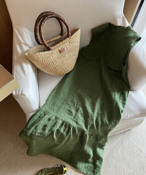 無袖魚尾亞麻洋裝亞麻背心無袖洋裝