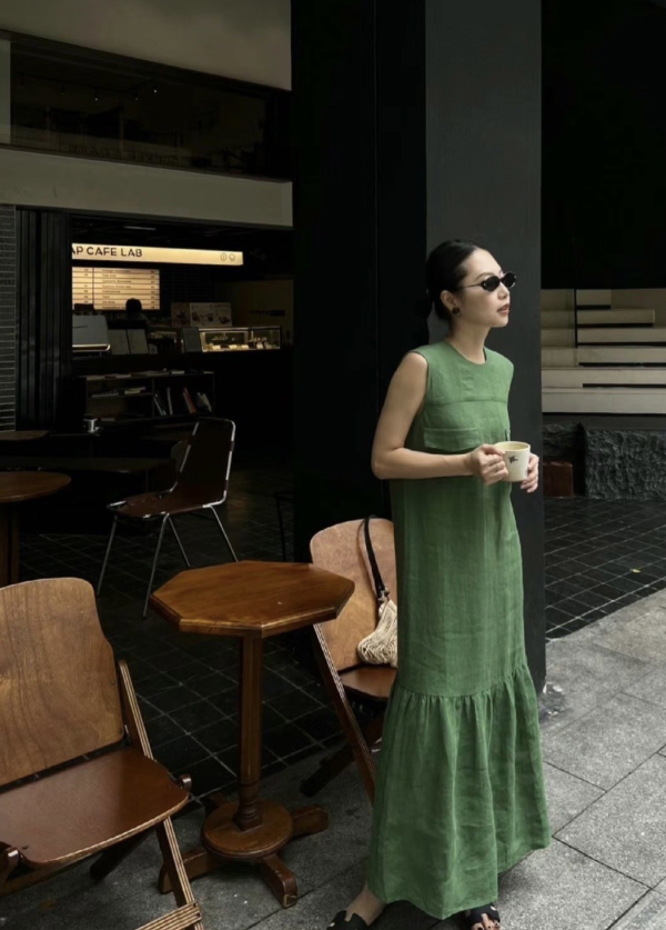 無袖魚尾亞麻洋裝亞麻背心無袖洋裝