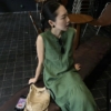 無袖魚尾亞麻洋裝亞麻背心無袖洋裝