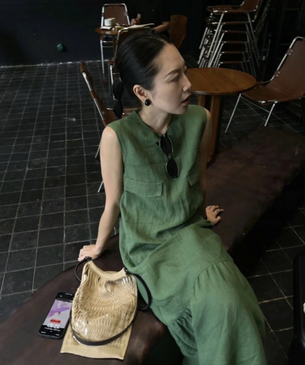 無袖魚尾亞麻洋裝亞麻背心無袖洋裝