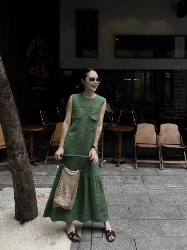 無袖魚尾亞麻洋裝亞麻背心無袖洋裝