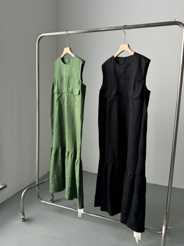 無袖魚尾亞麻洋裝亞麻背心無袖洋裝