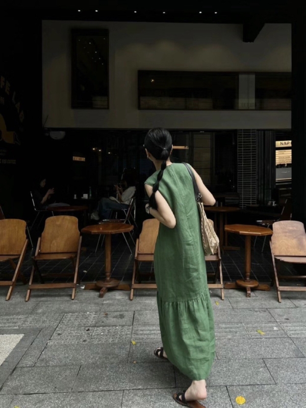 無袖魚尾亞麻洋裝亞麻背心無袖洋裝