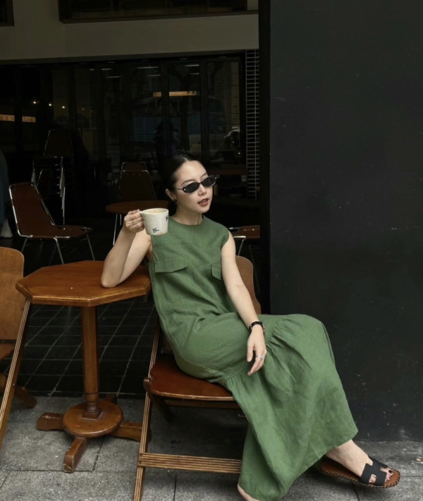 無袖魚尾亞麻洋裝亞麻背心無袖洋裝