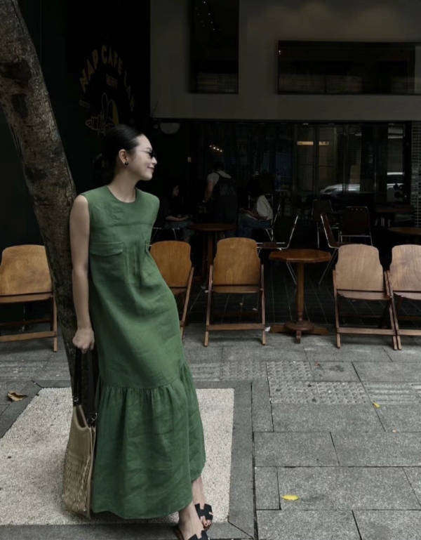 無袖魚尾亞麻洋裝亞麻背心無袖洋裝