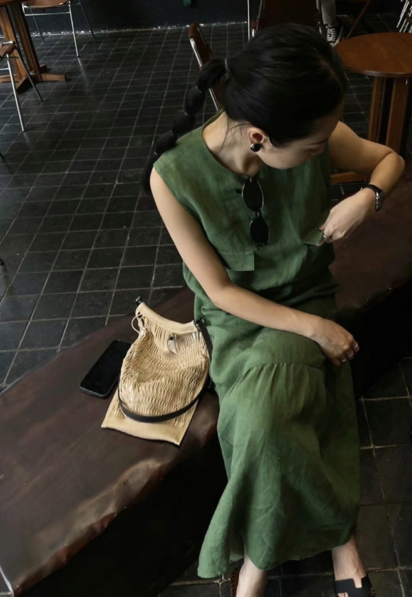 無袖魚尾亞麻洋裝亞麻背心無袖洋裝